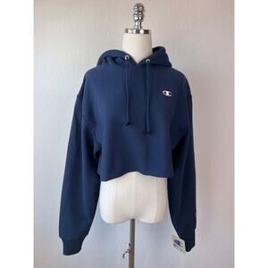 NWT Champion Reverse Weave Logo Cropped Pullover Hoodie Small Womens Navy